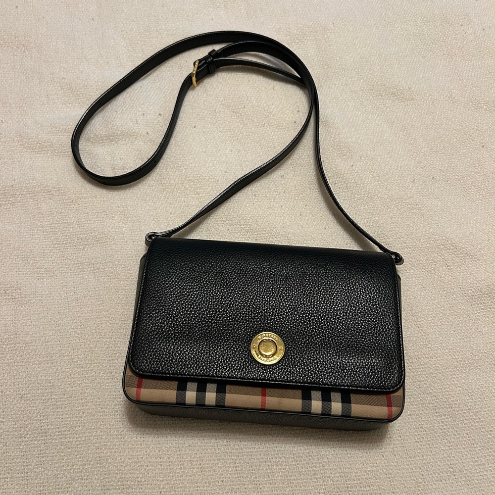 Burberry Black Leather Shoulder Bag with Tan Check